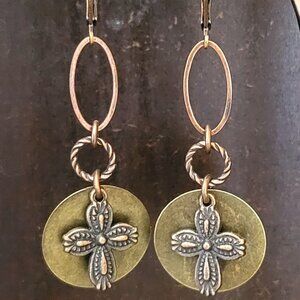 Beautiful Copper Bronze CROSS Charm Coin Lever Back Earrings Faith, Hope, Love
